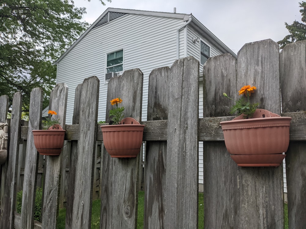 a wooden fence with flower pots on top of it