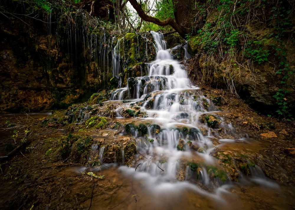 a small waterfall in the middle of a forest