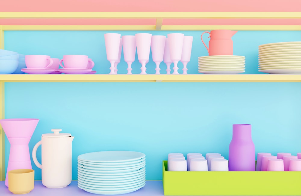 a shelf filled with plates and cups on top of a blue wall