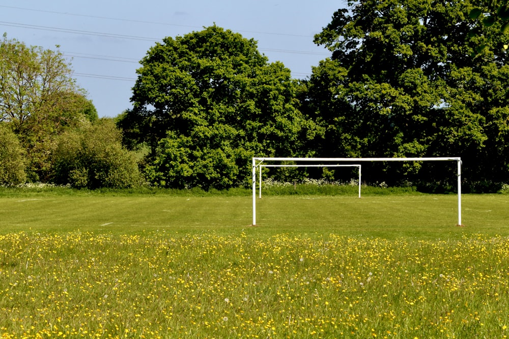 a soccer goal sitting in the middle of a field