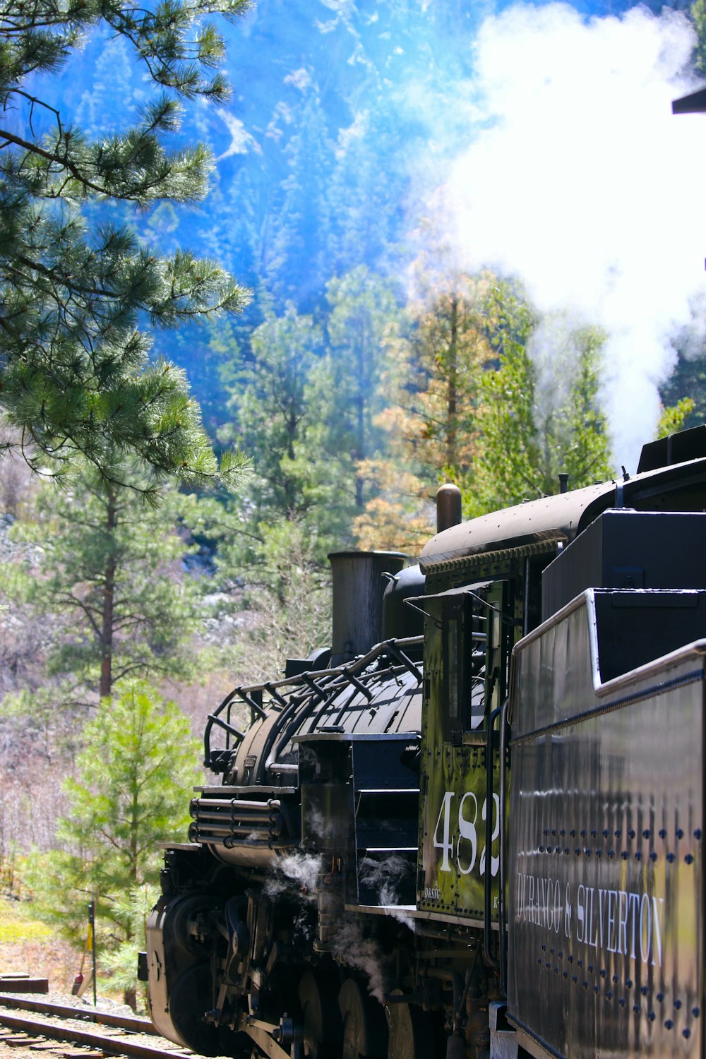 a train traveling down train tracks next to a forest