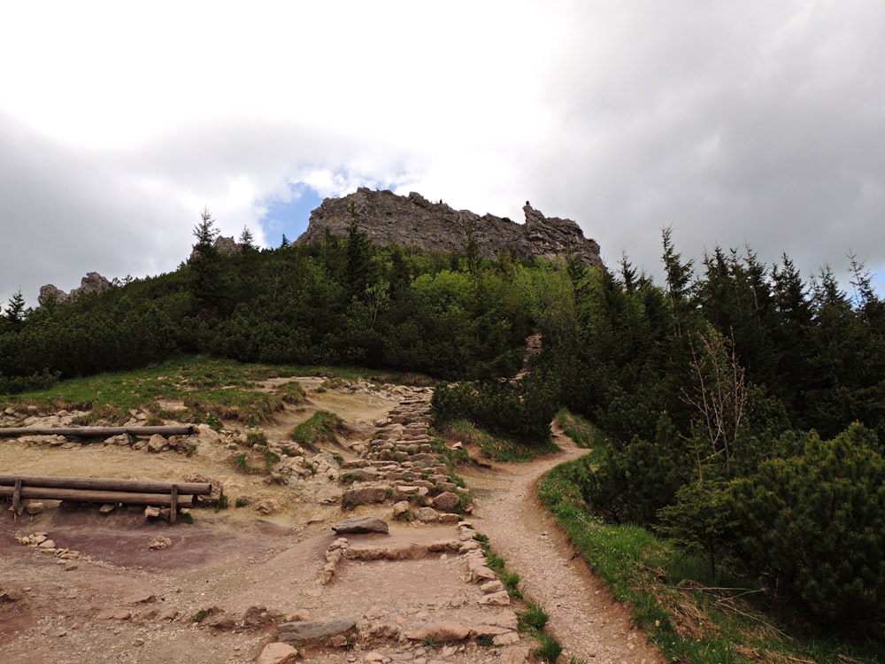 a dirt path leading to a rock formation