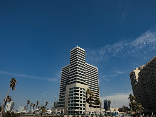 A tall white building sitting next to palm trees — Tel Aviv, Israel