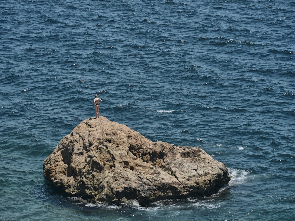 a person standing on a rock in the middle of the ocean