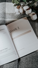a book opened on top of a bed next to a plant