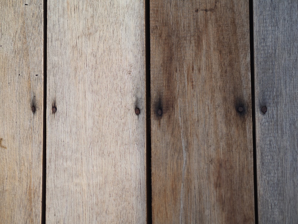a close up of some wood planks with a bird perched on top of it