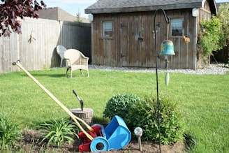 a yard with a lawn mower, garden tools and a birdhouse