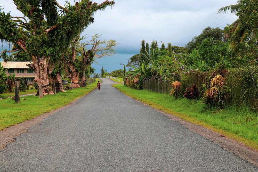 a person riding a bike down the middle of a road