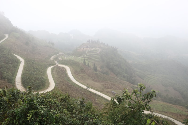 Longjing tea plantation uphill cycling road with hairpin turns