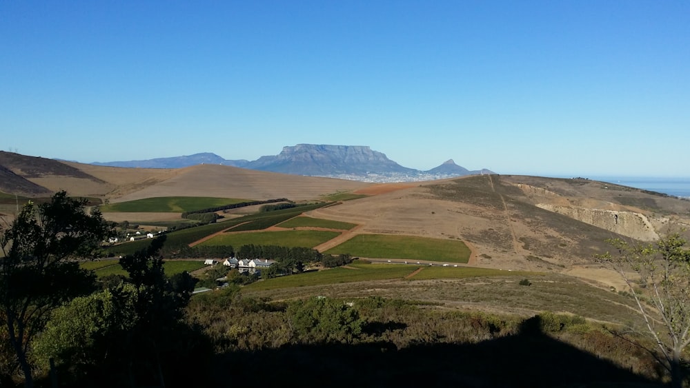 a scenic view of a valley with a mountain in the background