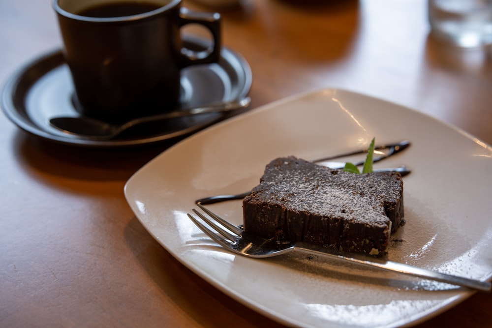 a piece of chocolate cake on a plate with a fork