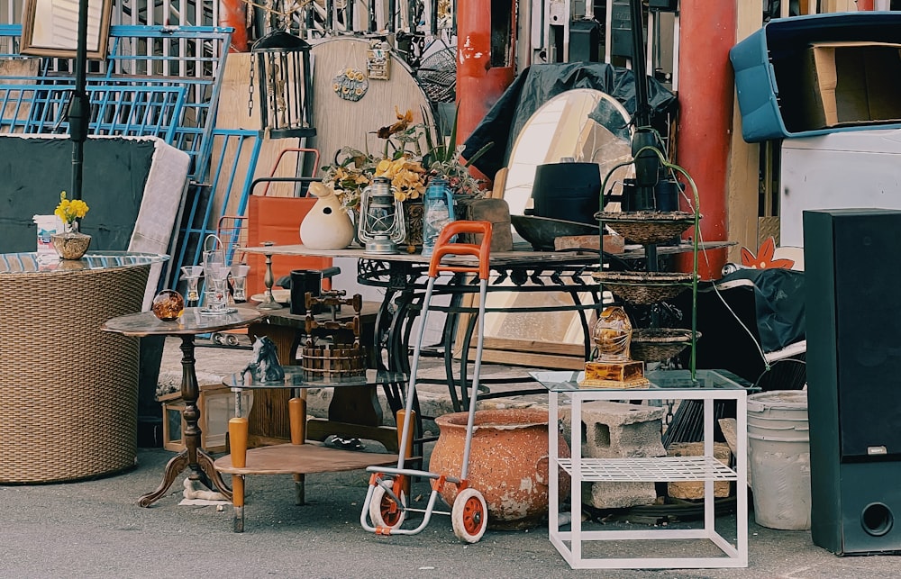 a pile of junk sitting on the side of a road