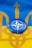 A blue circular badge with a white compass rose symbol is centered on a flag with horizontal stripes of blue and yellow, incorporating an abstract trident design.