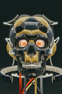 A futuristic, stylized robotic skull with glowing eyes and intricate designs is featured. The structure includes metallic and reflective surfaces, with neon lights outlining parts of the skull. The colors are predominantly dark with accents of yellow and red, creating a mechanical and sci-fi aesthetic.