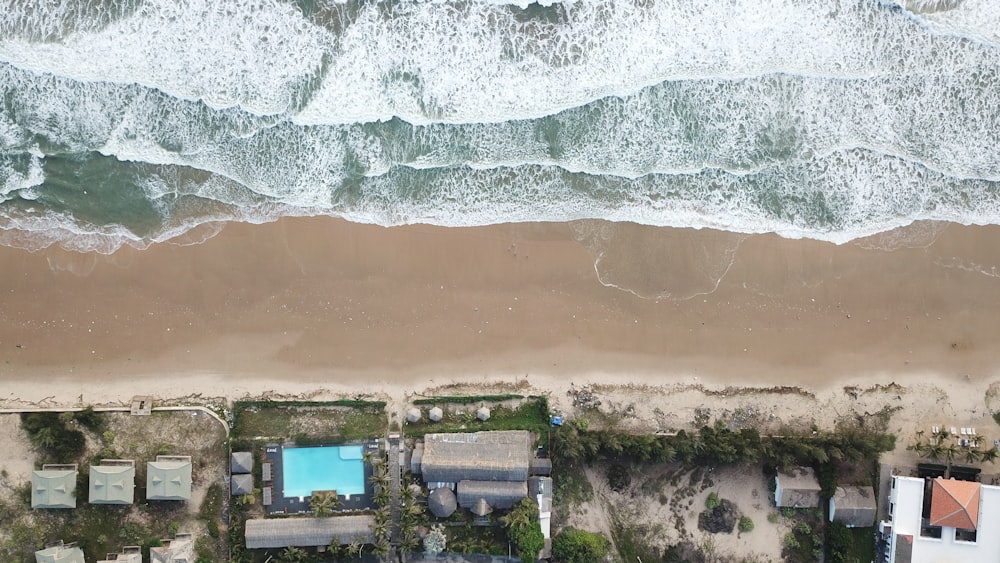 an aerial view of a beach and ocean