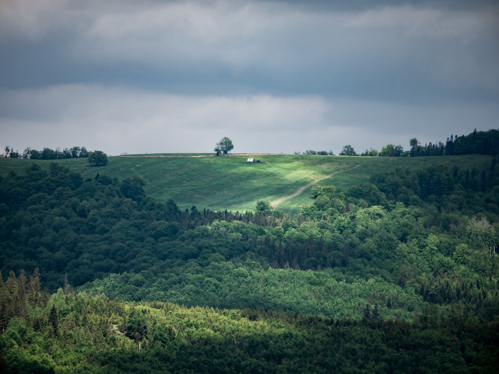 a grassy hill with a lone house on top of it