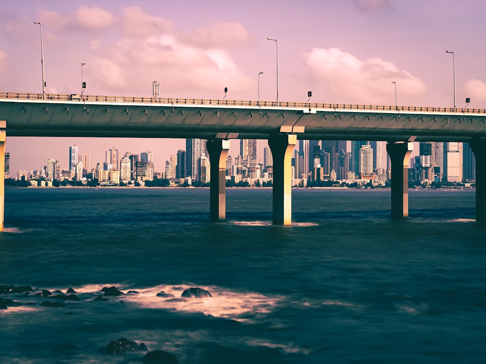 a bridge over a body of water with a city in the background