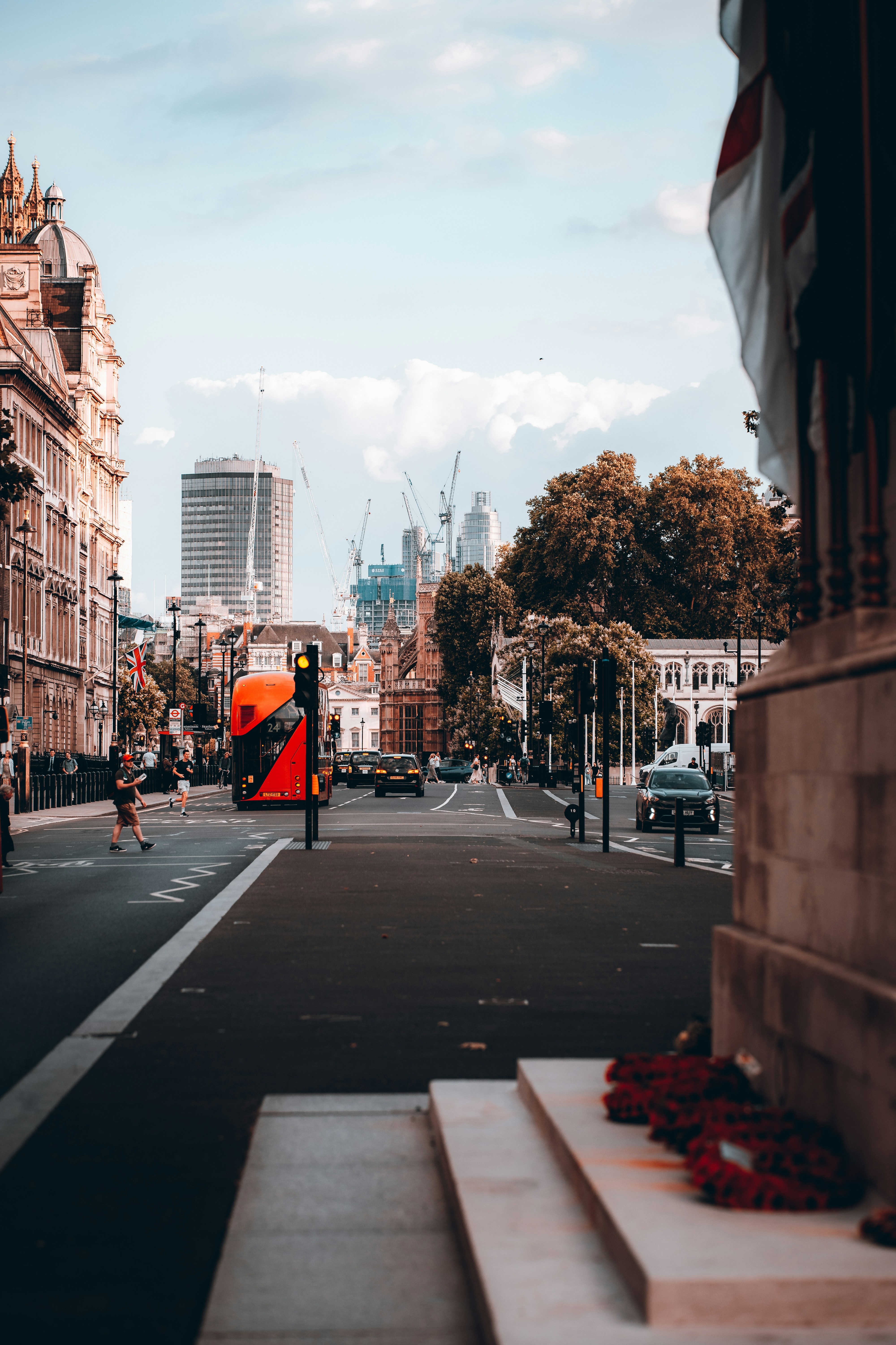 a city street with a traffic light on the side of it
