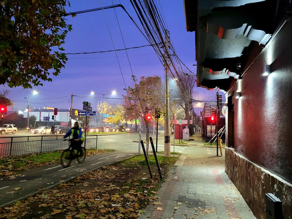 Ein Mann fährt mit dem Fahrrad eine Straße neben einer Ampel entlang