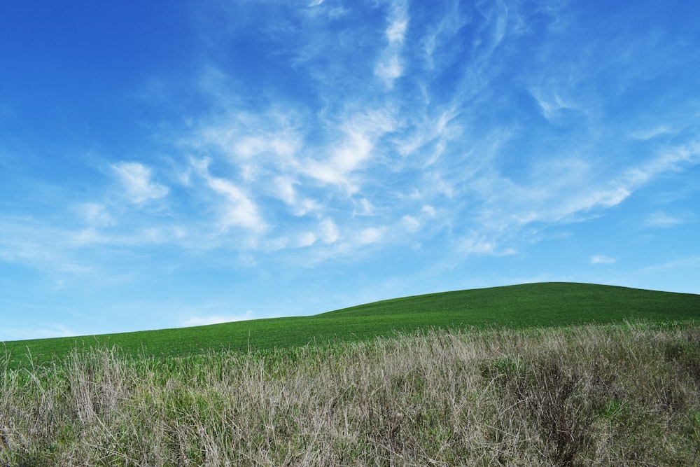 Une colline herbeuse sous un ciel bleu avec des nuages