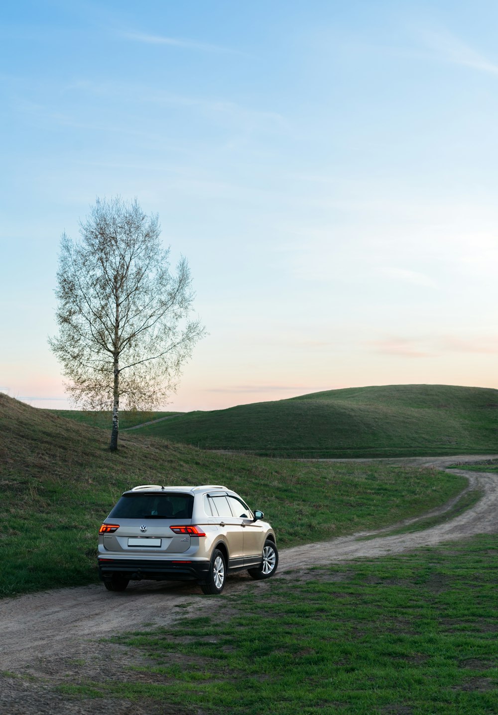 a car parked on a dirt road near a tree