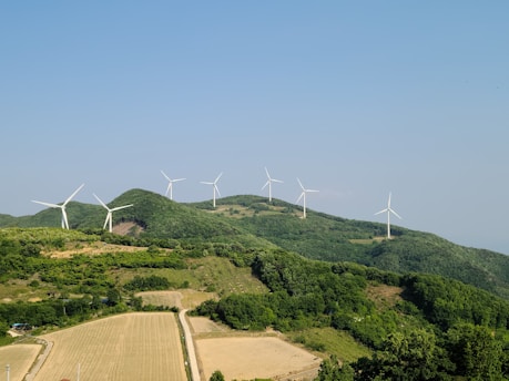 A range of wind turbines scattered across lush green hills under a clear blue sky. The turbines are positioned along the ridges of the hills, surrounded by dense forests and fields. The landscape is expansive, emphasizing the scale of the wind farm.