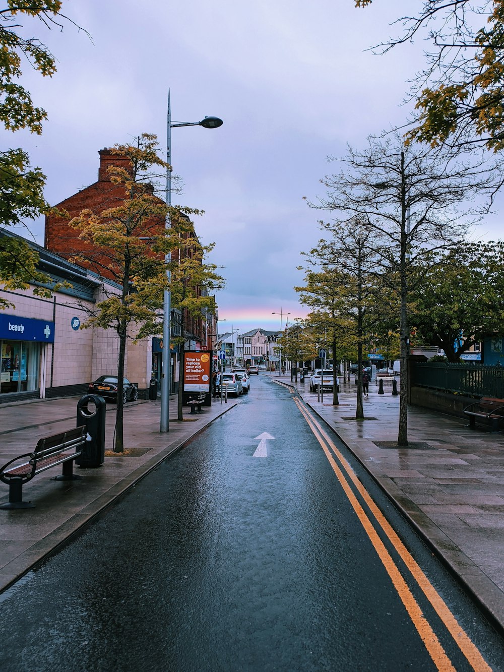 a wet street with a bench on the side of it