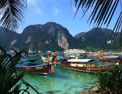 A scenic view of a harbor with traditional long-tail boats on turquoise water surrounded by lush green mountains. Palm leaves frame the foreground, enhancing the tropical atmosphere. In the distance, more boats and a large ferry can be seen near a bustling dock.