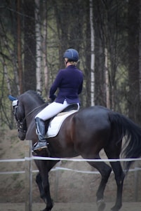 a woman riding on the back of a brown horse