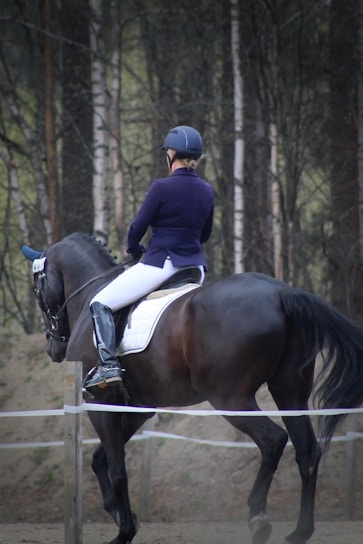 a woman riding on the back of a brown horse