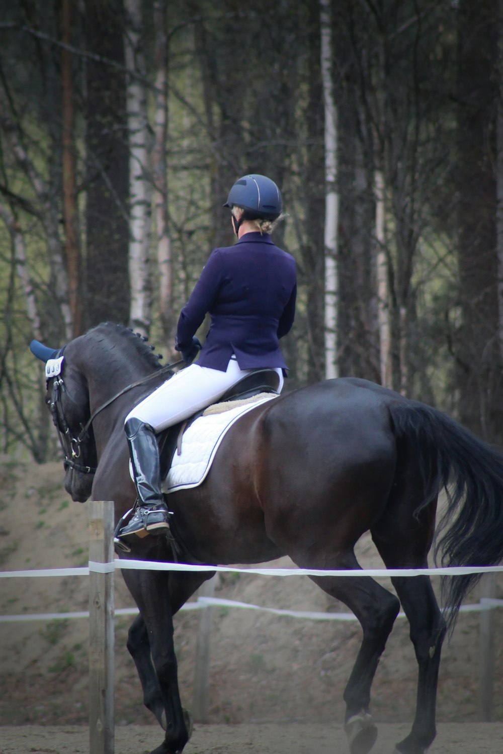 a woman riding on the back of a brown horse