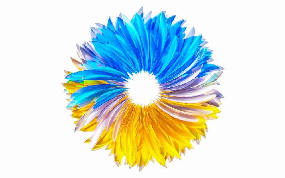 a blue and yellow flower with a white background