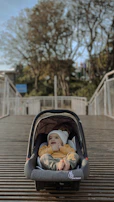 A happy toddler comfortably seated in a Trygvogn stroller with a scenic forest background.