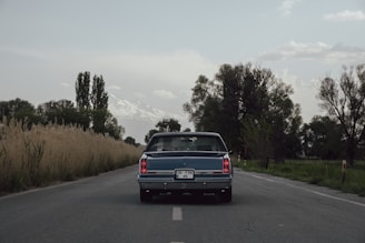 a car is driving down the road with a mountain in the background