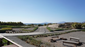 A serene landscape features a wooden boardwalk extending towards the horizon, flanked by low grasses and shrubs. Distant hills and a calm sea can be seen under a clear blue sky. Simple wooden benches are positioned along the path, inviting rest and contemplation.