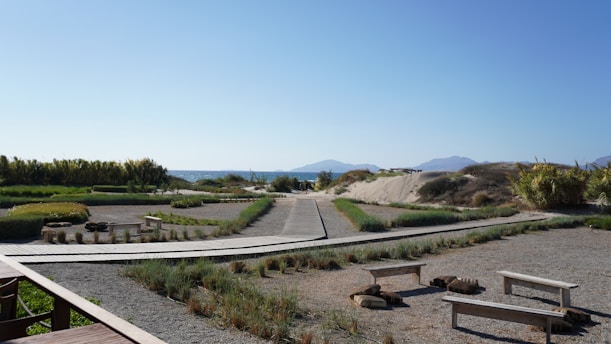 A serene landscape features a wooden boardwalk extending towards the horizon, flanked by low grasses and shrubs. Distant hills and a calm sea can be seen under a clear blue sky. Simple wooden benches are positioned along the path, inviting rest and contemplation.