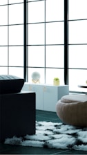 a modern living room with a large window