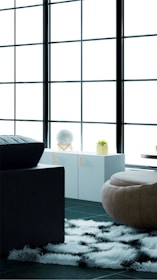 a modern living room with a large window