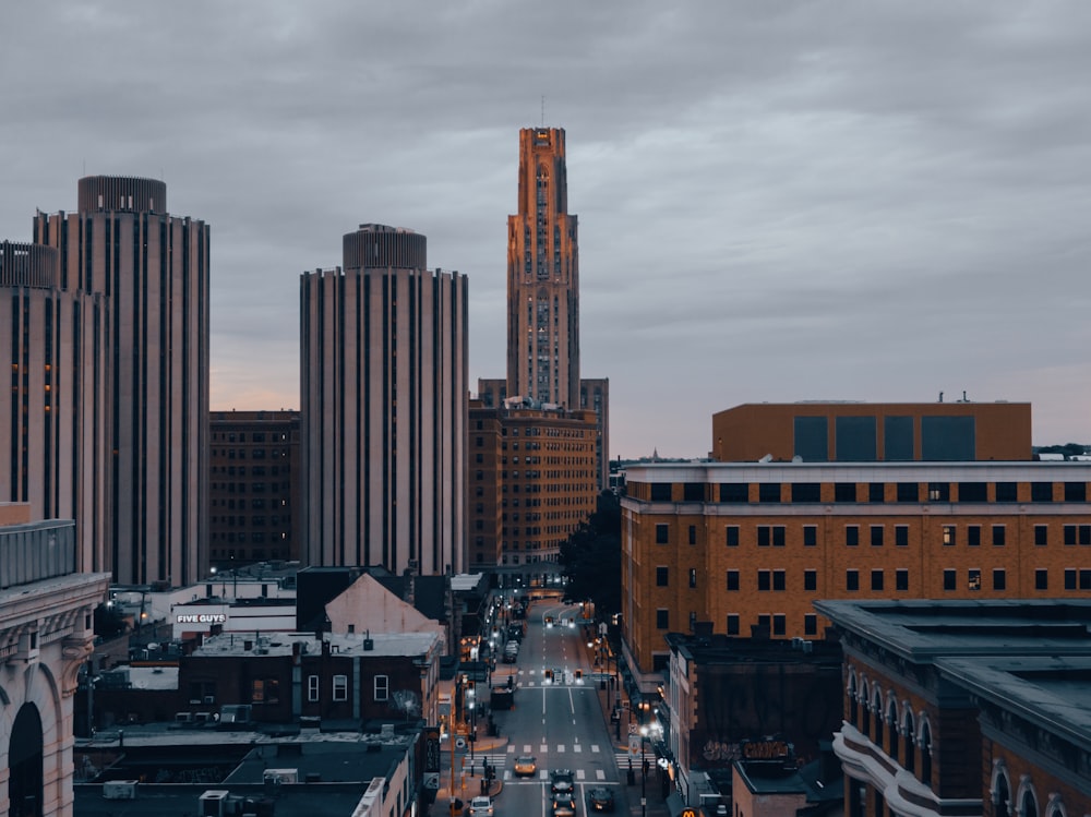 a view of a city with tall buildings