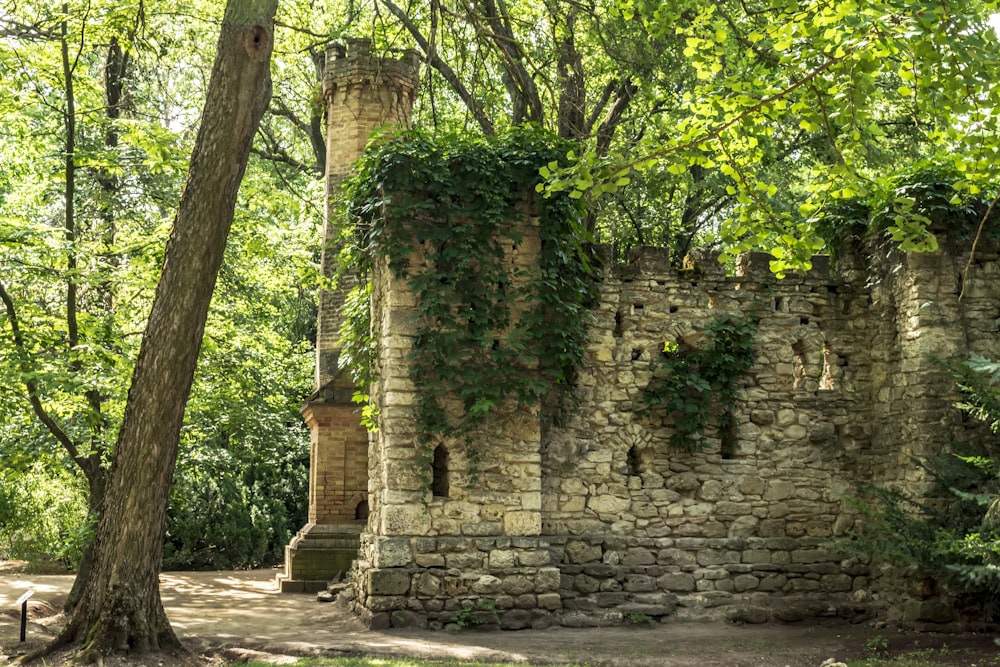 an old stone building surrounded by trees