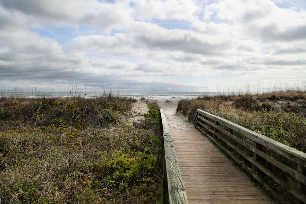 a boardwalk leading to a beach with tall grass