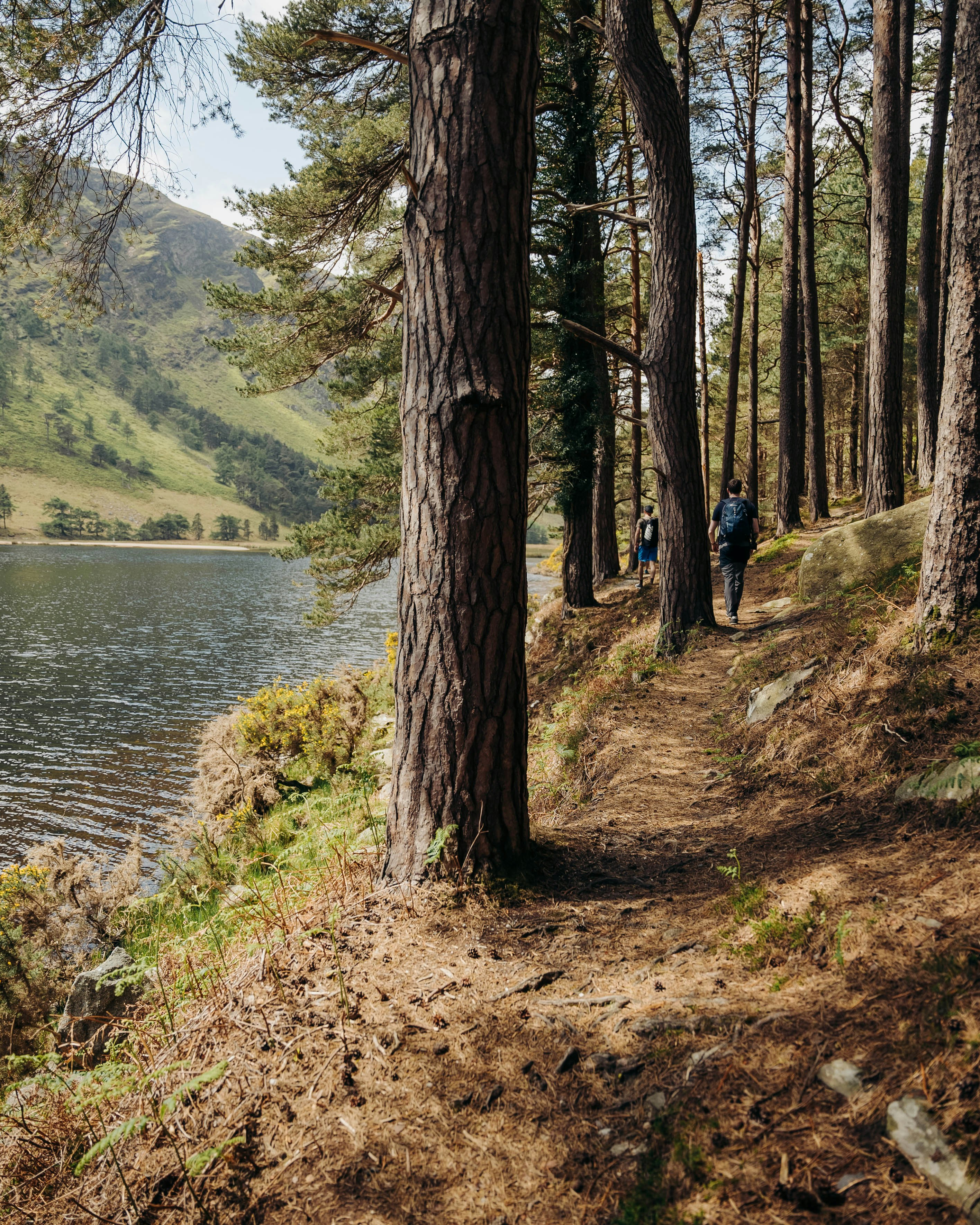un couple de personnes marchant sur un sentier au bord d’un lac