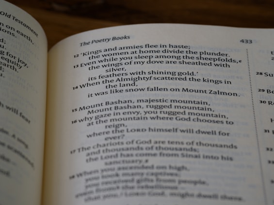An open book displaying text, with visible page numbers and sections emphasizing poetry. The lighting creates a cozy atmosphere with shadows on the pages.