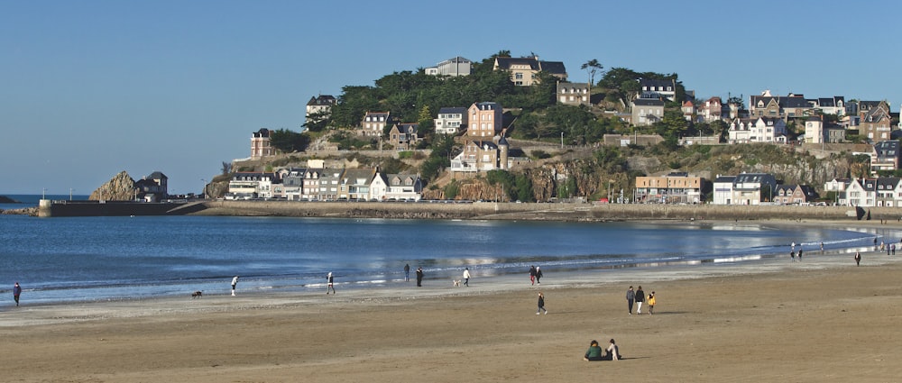 a group of people standing on top of a sandy beach