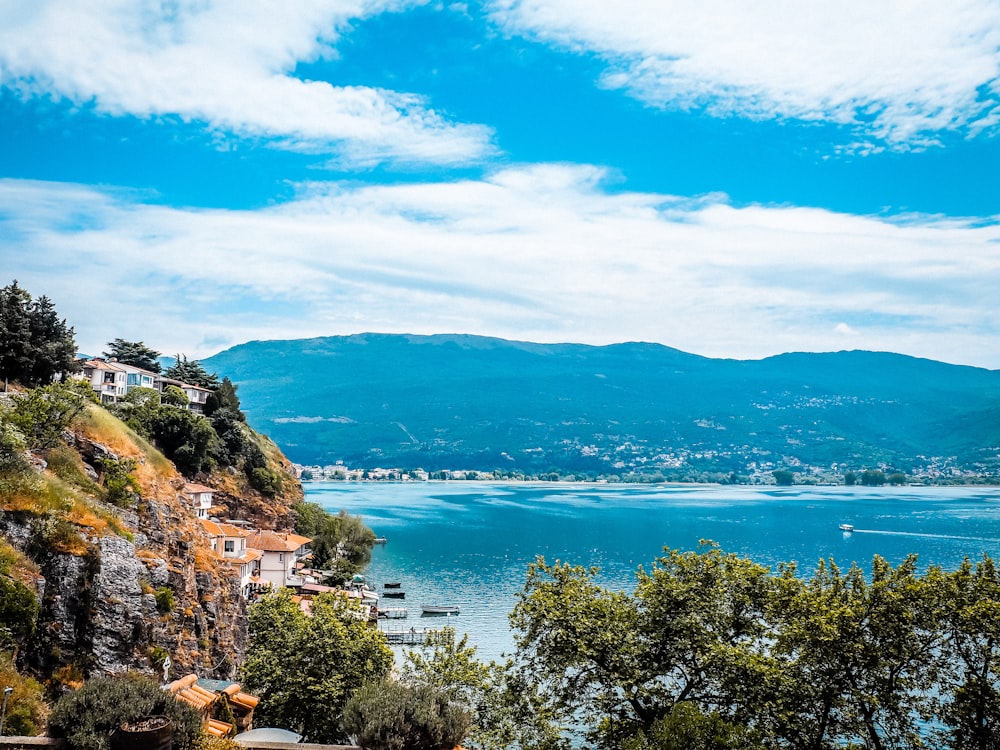 a scenic view of a body of water surrounded by mountains