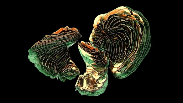 Abstract, swirling forms resembling organic shapes are intricately layered with vibrant gradients of green and orange against a black background. The forms appear three-dimensional, suggesting depth and movement.