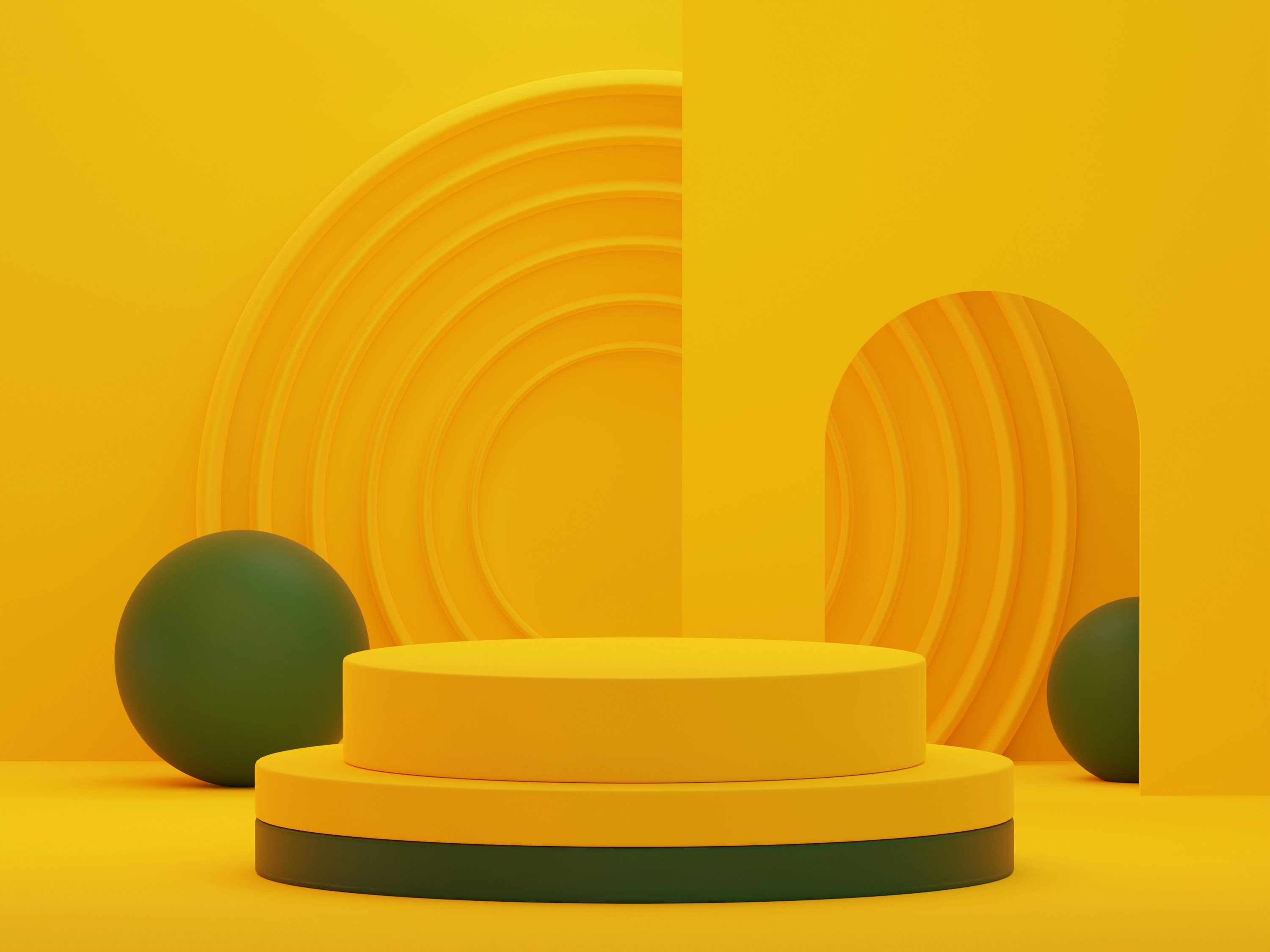 a yellow background with a round object and two green balls
