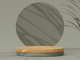 A minimalist composition featuring a round wooden platform set against a muted green backdrop. Subtle shadows from leaves fall across the surface, adding depth and texture to the scene.