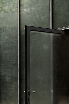 a black door is open in front of a green wall