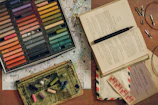 An artistic display of various snail mail items for sale.